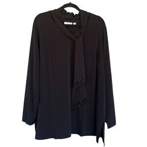 Susan Graver Liquid Knit‎ Blouse Womens Plus Size 3X Black Beaded Tie Stretch